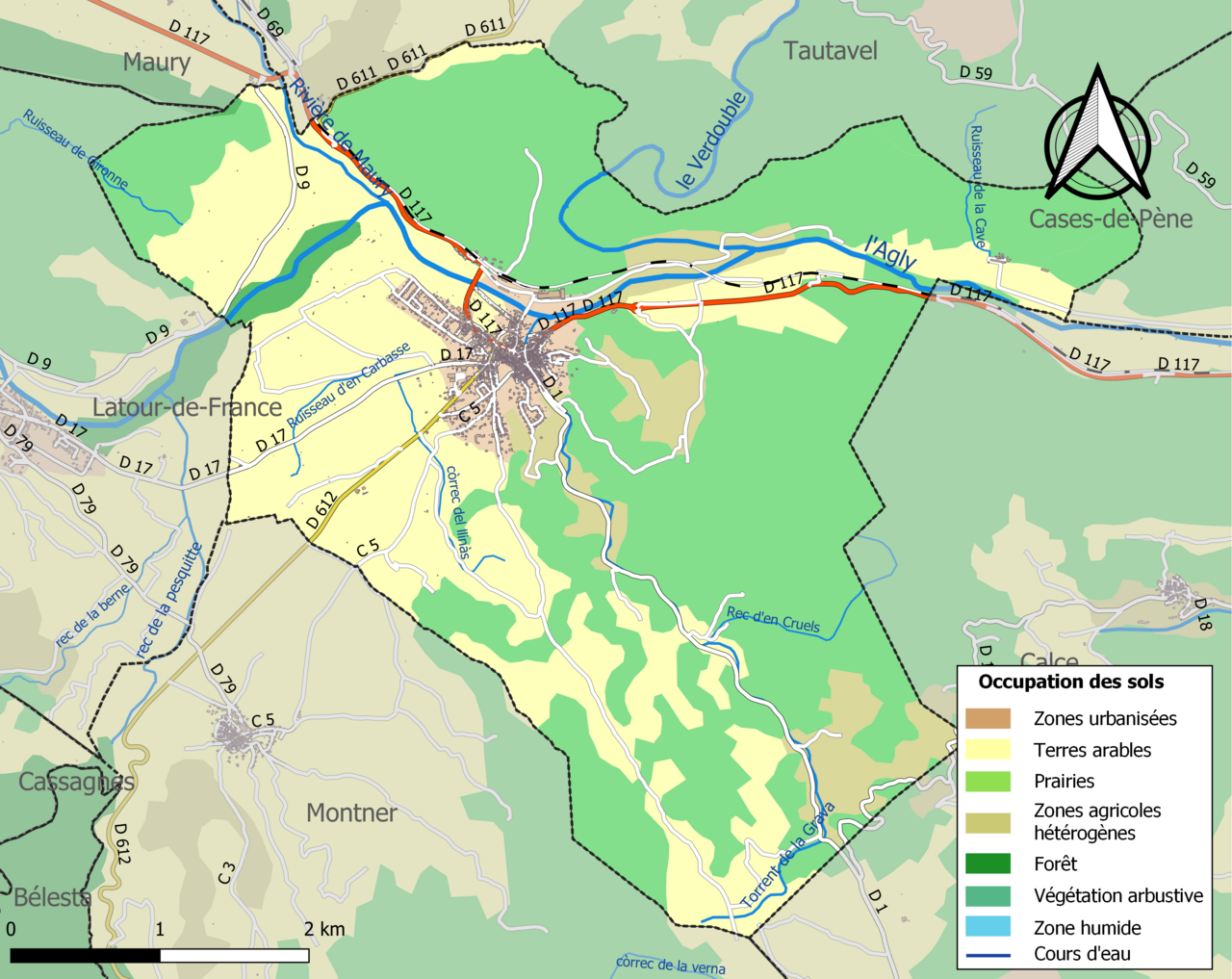 Carte des infrastructures et de l'occupation des sols de la commune en 2018 (CLC).